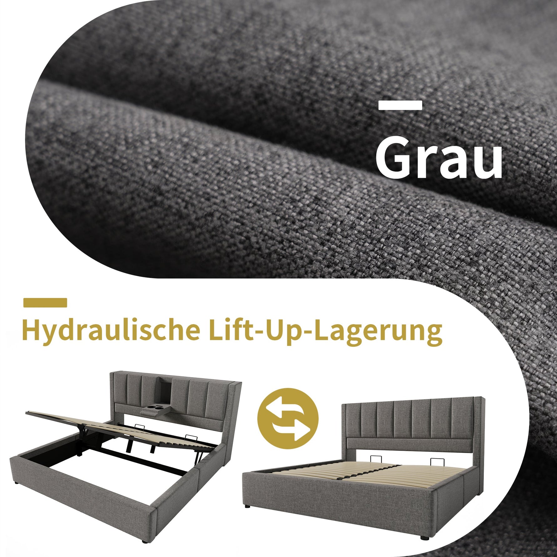 Upholstered Bed 160x200cm Hydraulic Storage with Hidden Cup Holder & Charging Station Linen Grey