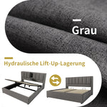 Upholstered Double Bed 140x200cm Hydraulic Storage Cup Holder Charging Station Linen Grey