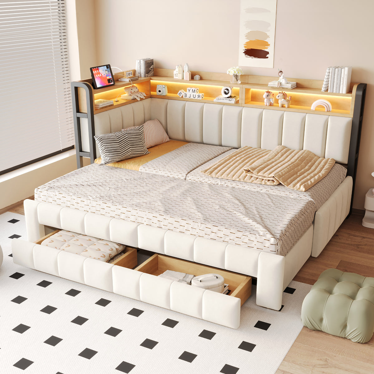 Upholstered Sofa Bed with Storage & LED Lighting, Beige Velvet