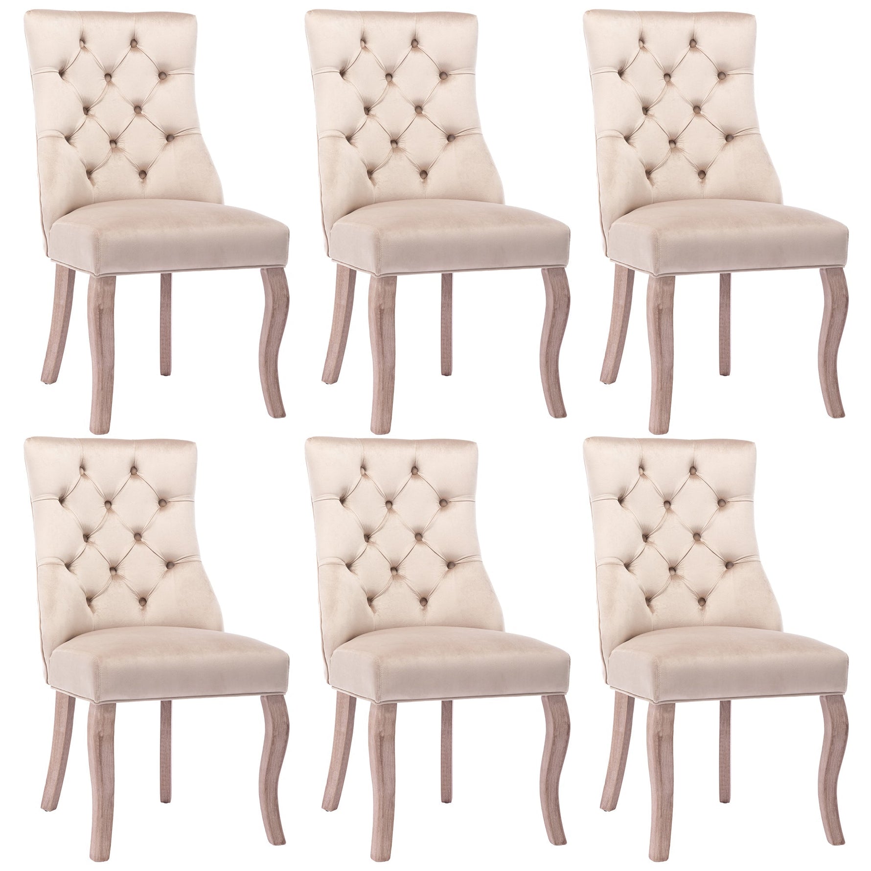 Dining Chair Set of 6 High Back Button Tufted Solid Wood Frame Beige Velvet