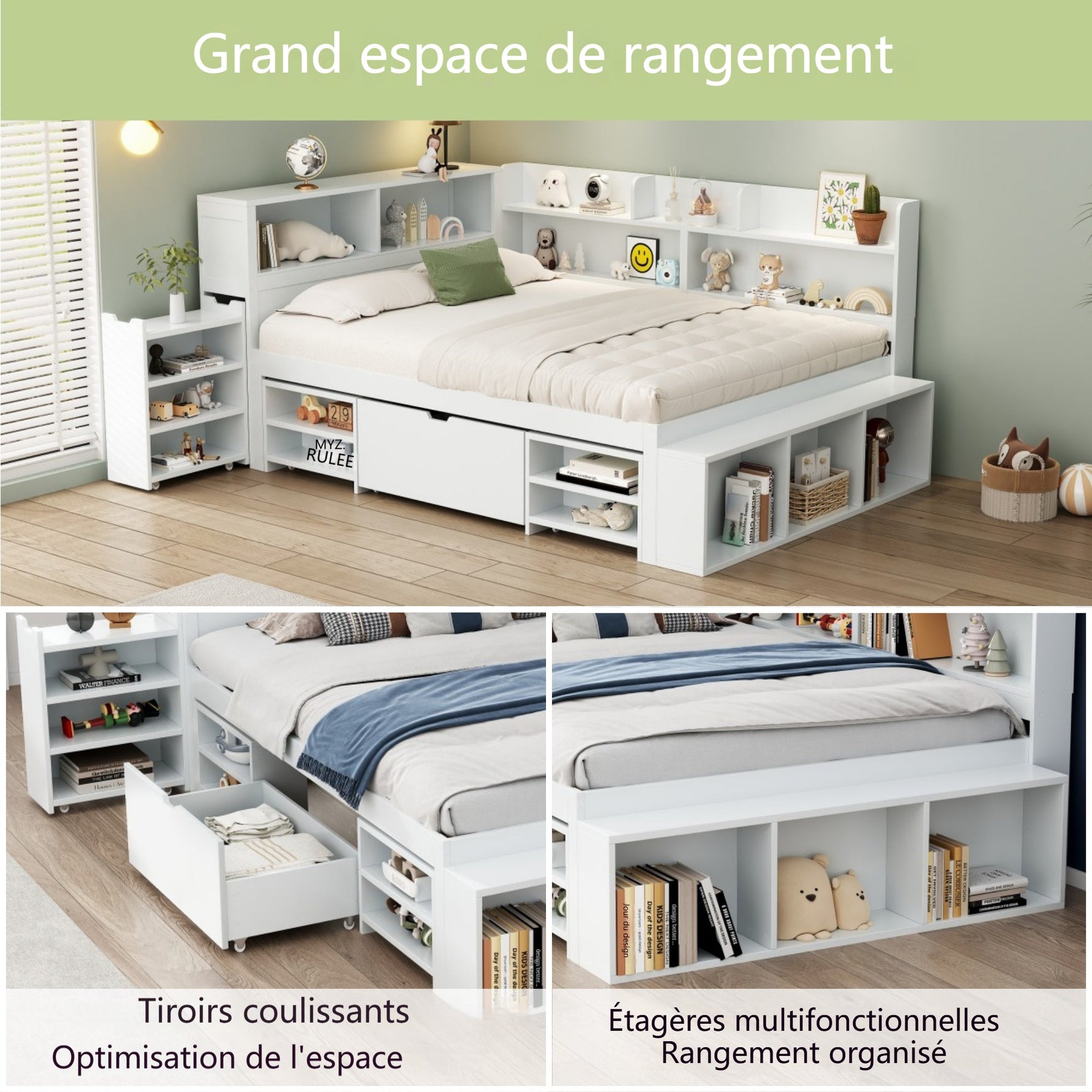 LED upholstered bed, 140 × 190 cm, hydraulic bed, 2-in-1 storage drawers at the foot of the bed, built-in LED light strips on both sides of the bed, slatted base, mattress not included, velvet, grey.