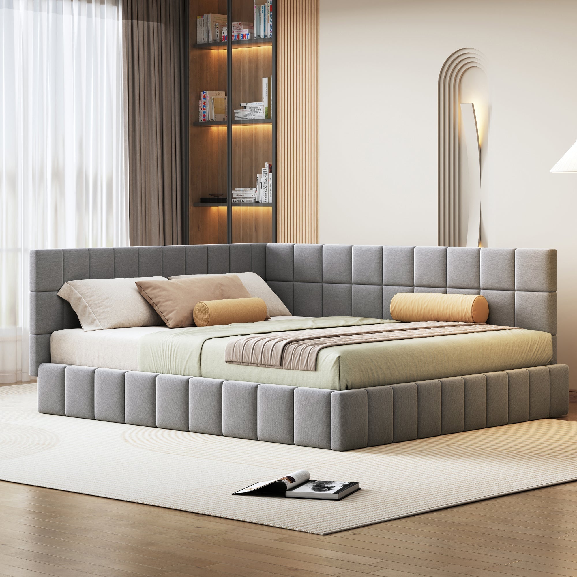 Upholstered Bed Sofa, 160*200 Multifunctional with Slatted Frame, Velvet Fabric Gray
