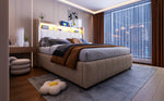 Upholstered Bed 140x200cm with Storage & LED, Beige Linen