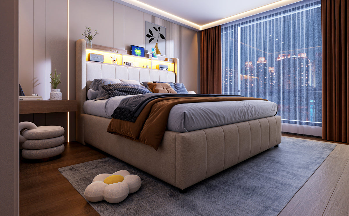 Upholstered Bed 140x200cm with Storage & LED, Beige Linen