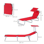Sun Lounger Folding Portable with Sunshade, 187cm Red