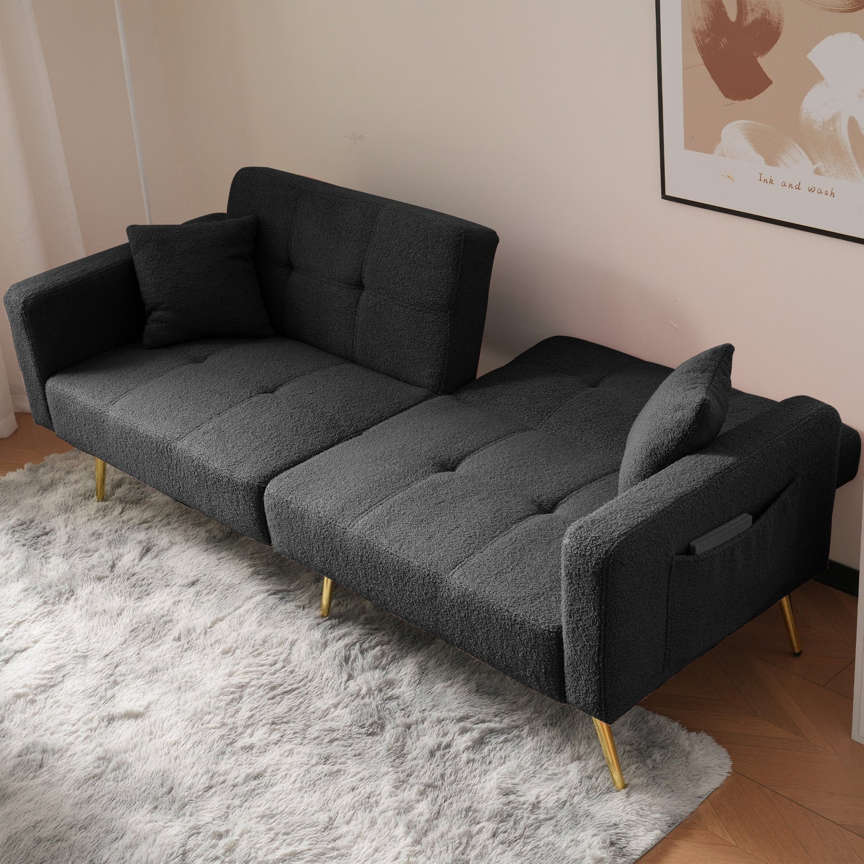 Sofa Bed, Adjustable Angle with Cushions & Storage Pockets, Golden Legs