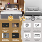 Upholstered Bed 160x200, Double Bed with Storage, Reading Light, Rivet Headboard, Gray Cotton