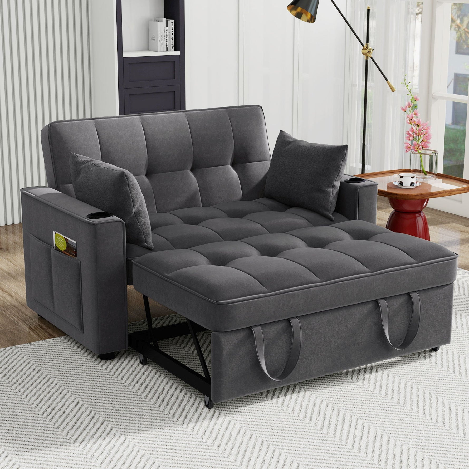 Foldable Sofa Bed, Multifunctional Sleeping Function Cup Holder Cushions
