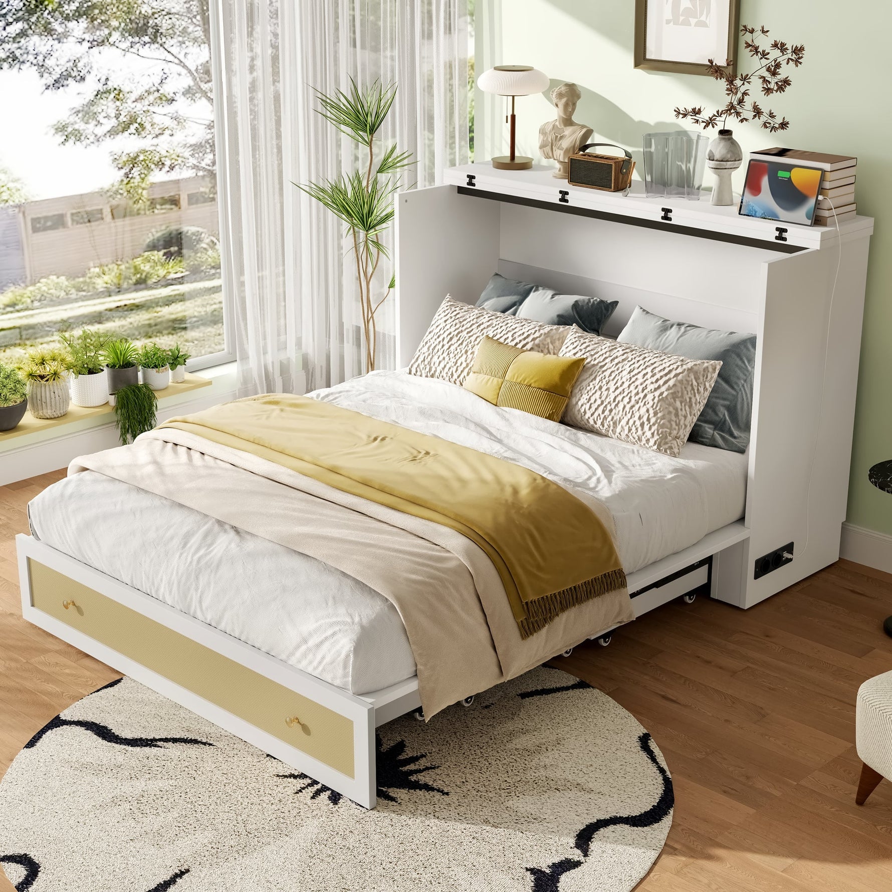 Mobile Wall Bed 140x200 Convertible Storage Drawers Shelf USB/Power Outlet - White