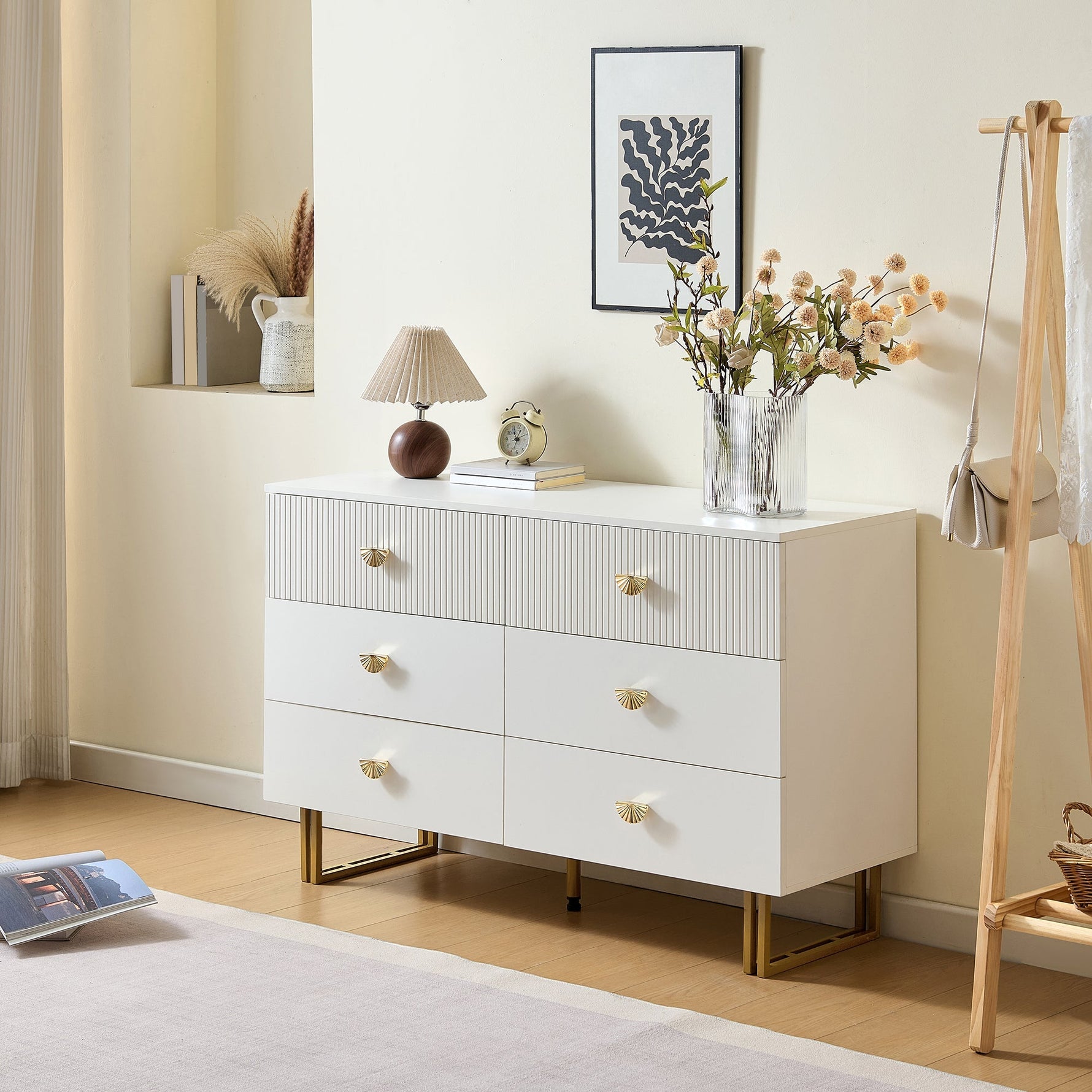 Sideboard, 6-Drawer Elegant Design, White and Gold MDF and Steel