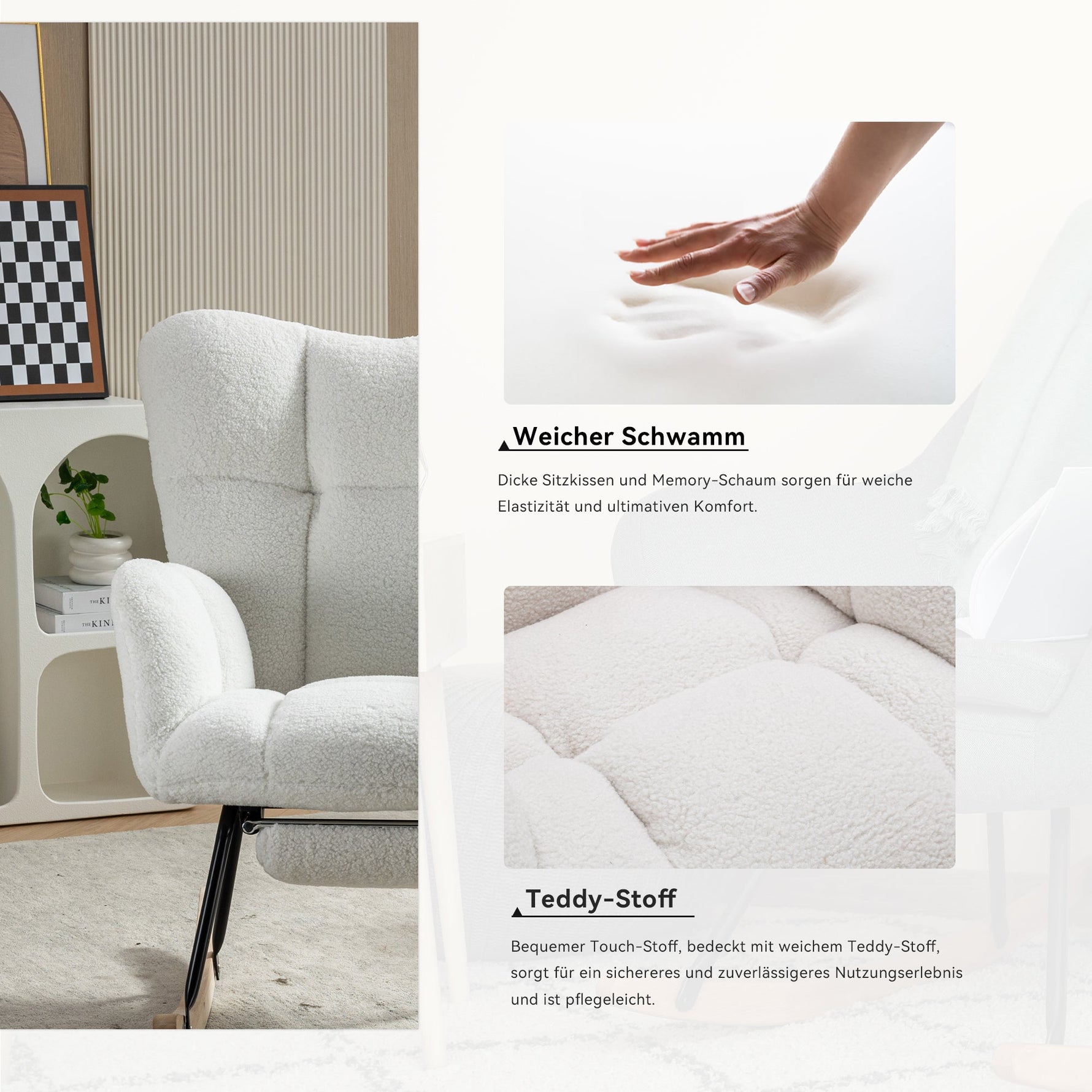 009B Rocking Chair, Upholstered with Retractable Footrest, White Teddy Fabric