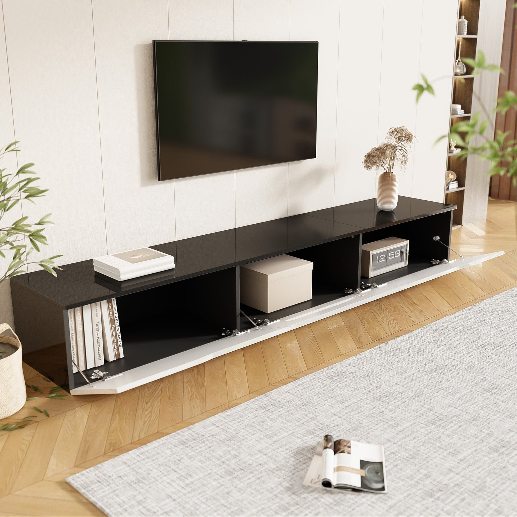 TV Cabinet 180cm LED Lighting Wall-Mountable High-Gloss Black/White