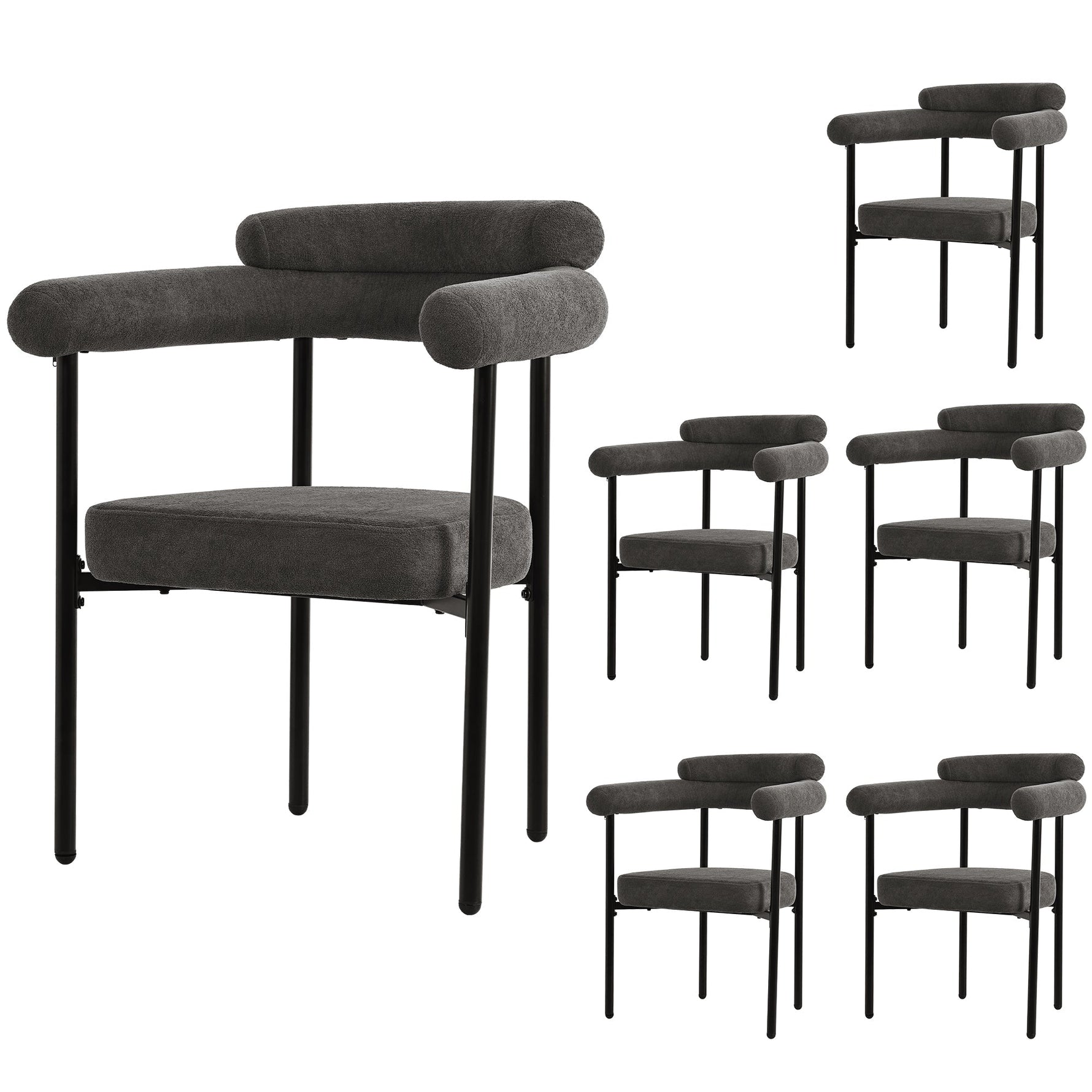 Dining Table and Chair Set (7-Piece) 6 Suede Armchairs Designer Metal Legs - Grey