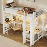 Loft Bed 90x200cm with Desk, Shelves & LED, White Iron Frame