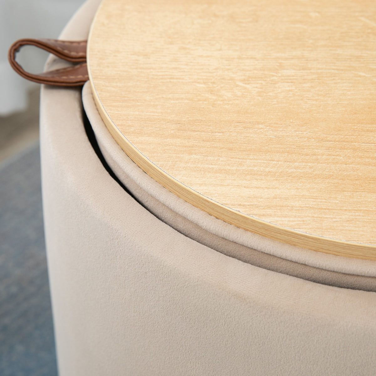 Ottoman Stool Round Storage Beige Velvet