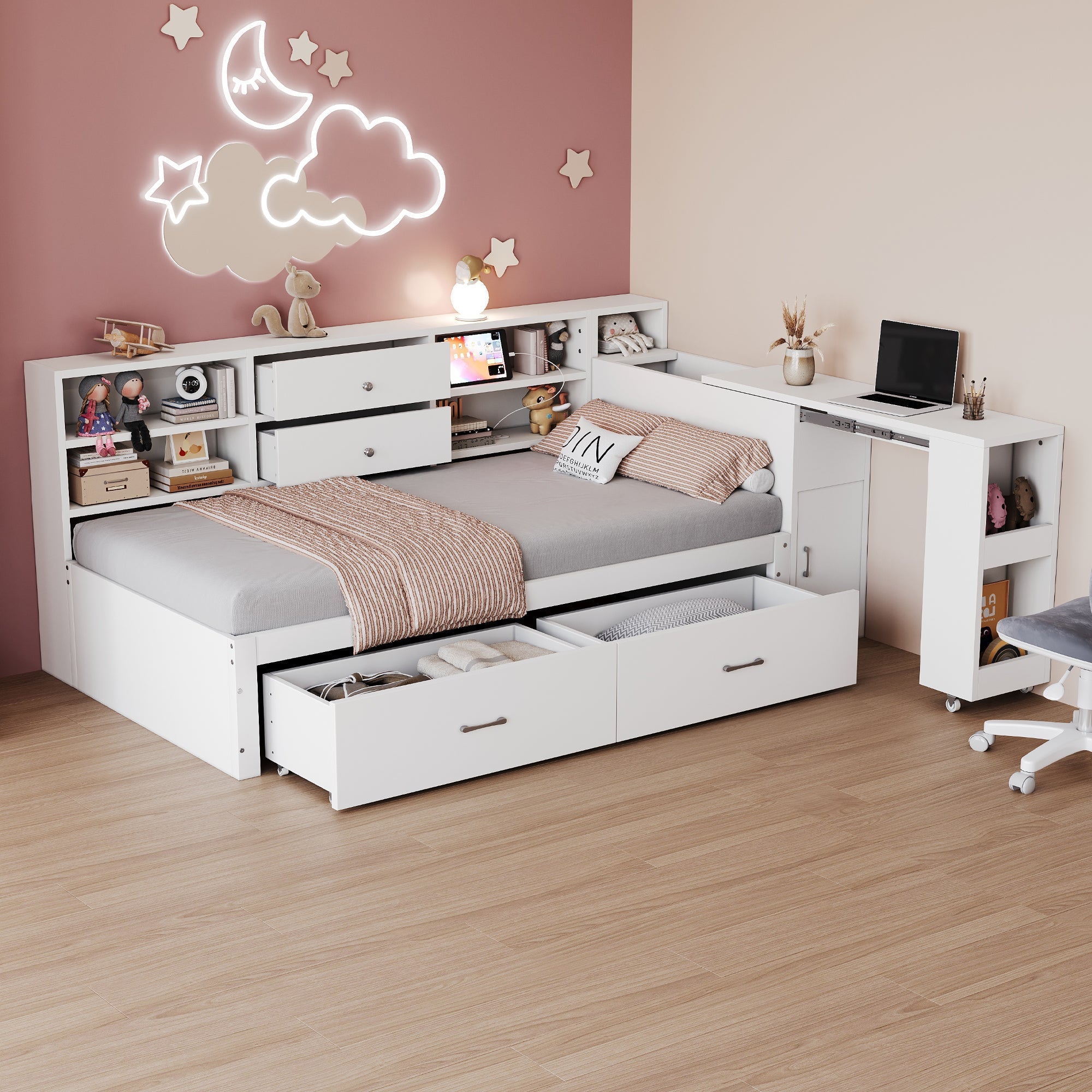 Wooden Sofa Bed 90x200cm Multifunctional Storage Pull-Out Desk, White