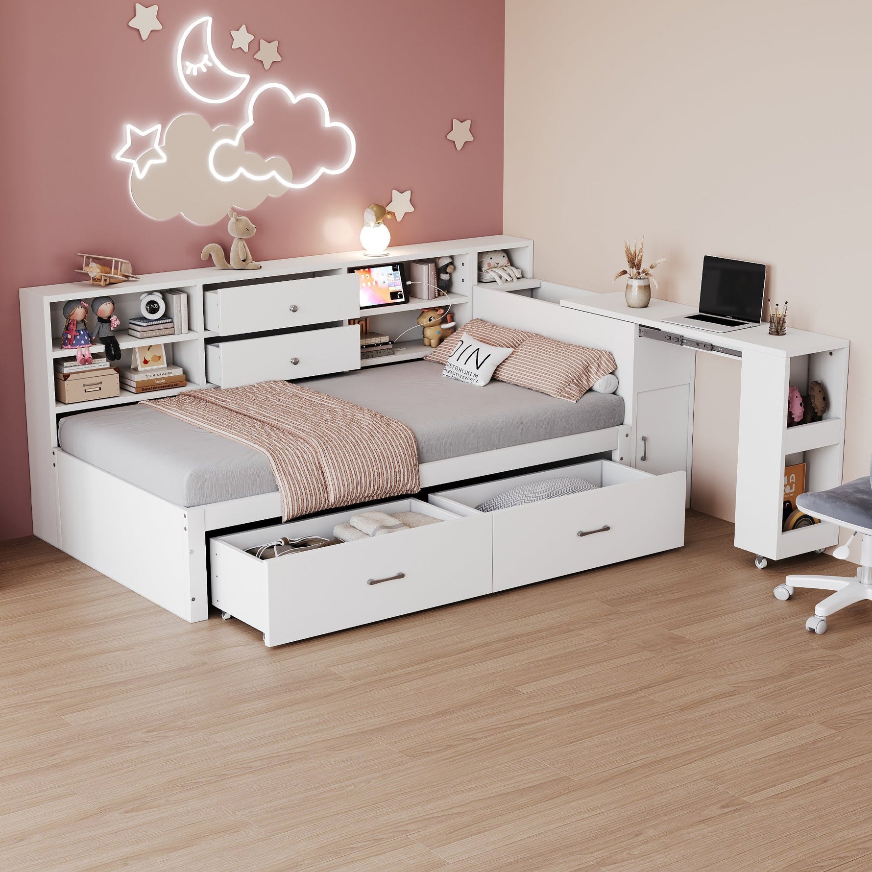 Wooden Sofa Bed 90x200cm Multifunctional Storage Pull-Out Desk, White