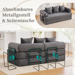 Sofa Foldable Metal Frame with 3 Cushions Side Pockets Dark Grey