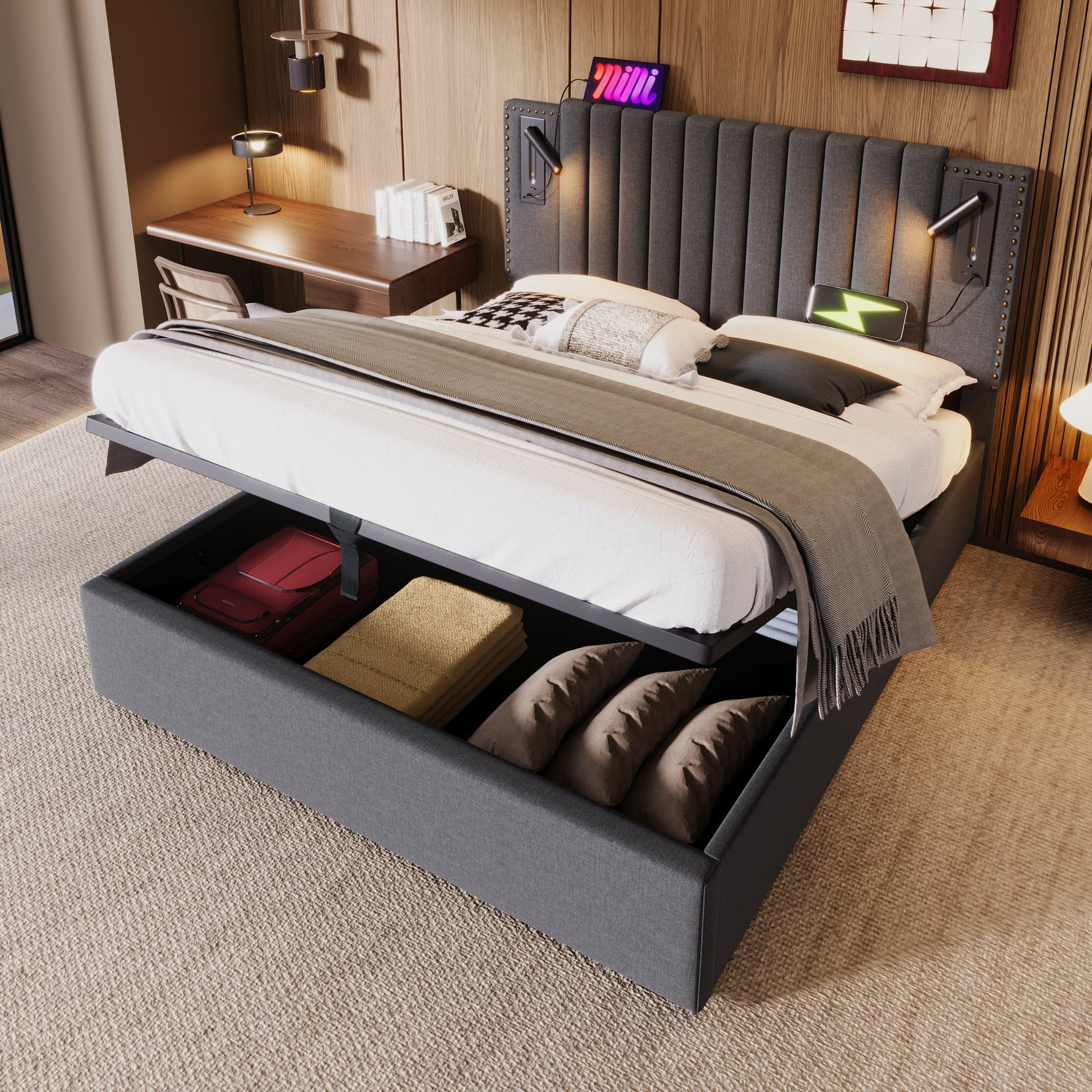 Upholstered Bed 160x200, Double Bed with Storage, Reading Light, Rivet Headboard, Gray Cotton