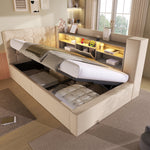 Upholstered Single Bed with LED, Hydraulic Storage and L-Shaped Headboard, 90x190cm, Beige Linen Fabric