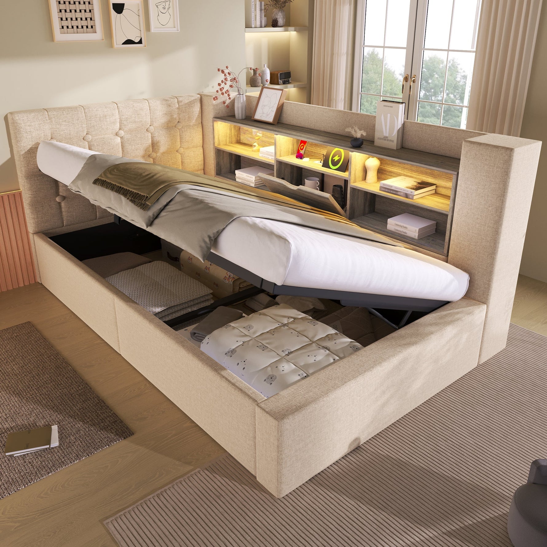 Upholstered Single Bed with LED, Hydraulic Storage and L-Shaped Headboard, 90x190cm, Beige Linen Fabric