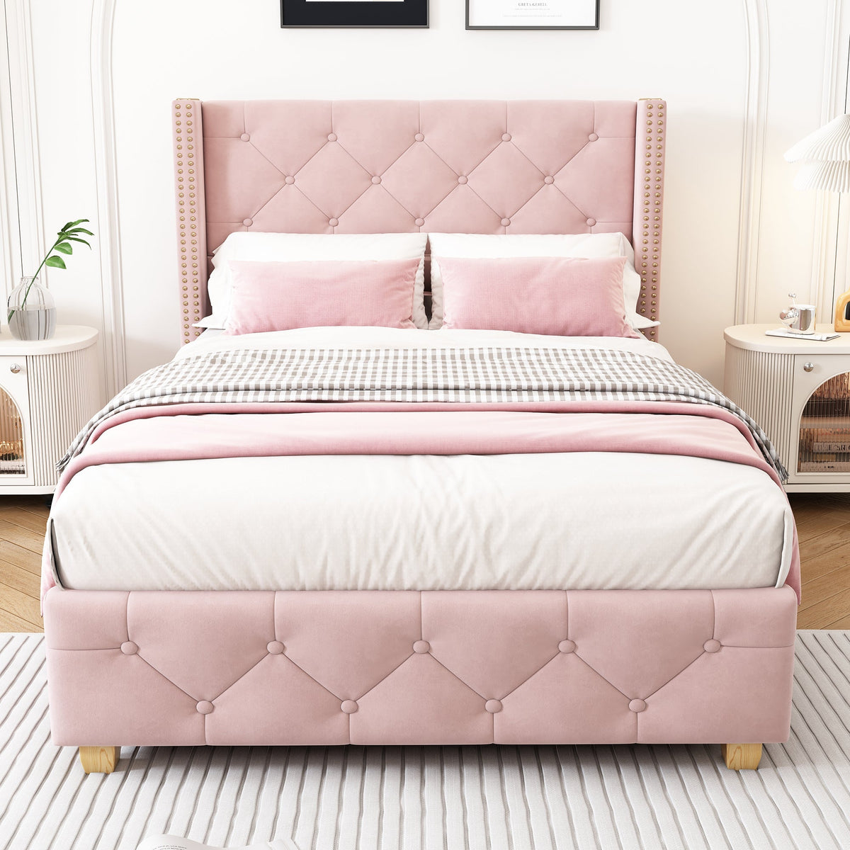 Upholstered Bed 90x200cm Headboard Button Studded Slatted Frame - Velvet Pink