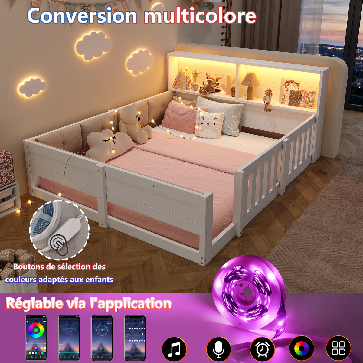 Flatbed Kids Bed 140x200cm with LED Light & Railings, White