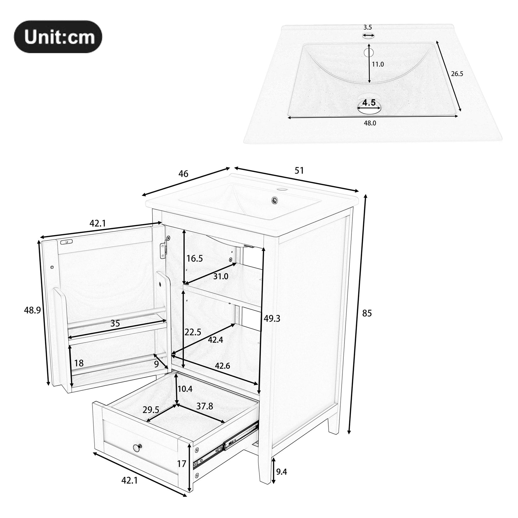 Floor-standing Bathroom Cabinet with Ceramic Sink and Storage Drawer, White