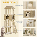 Cat Tree Large 130cm, Cat Cave & Play Balls, Khaki+Beige Chipboard Plush