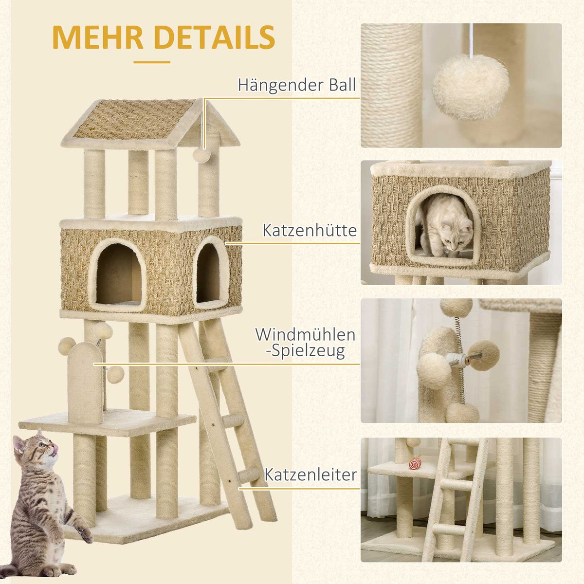 Cat Tree Large 130cm, Cat Cave & Play Balls, Khaki+Beige Chipboard Plush