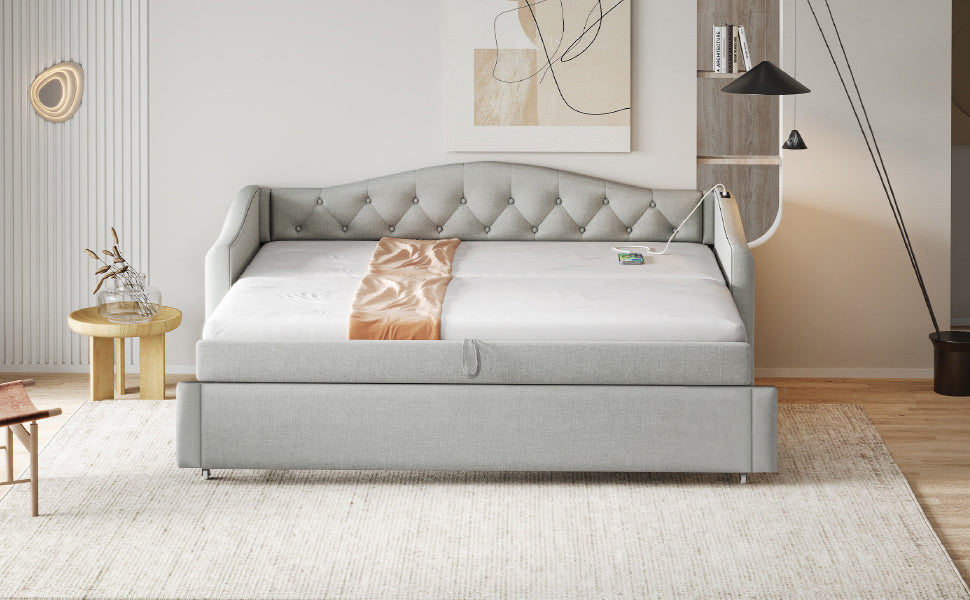 Upholstered Bed Pull-out Sofa Bed, 90 x 200 cm, USB Port, Linen Fabric, Grey