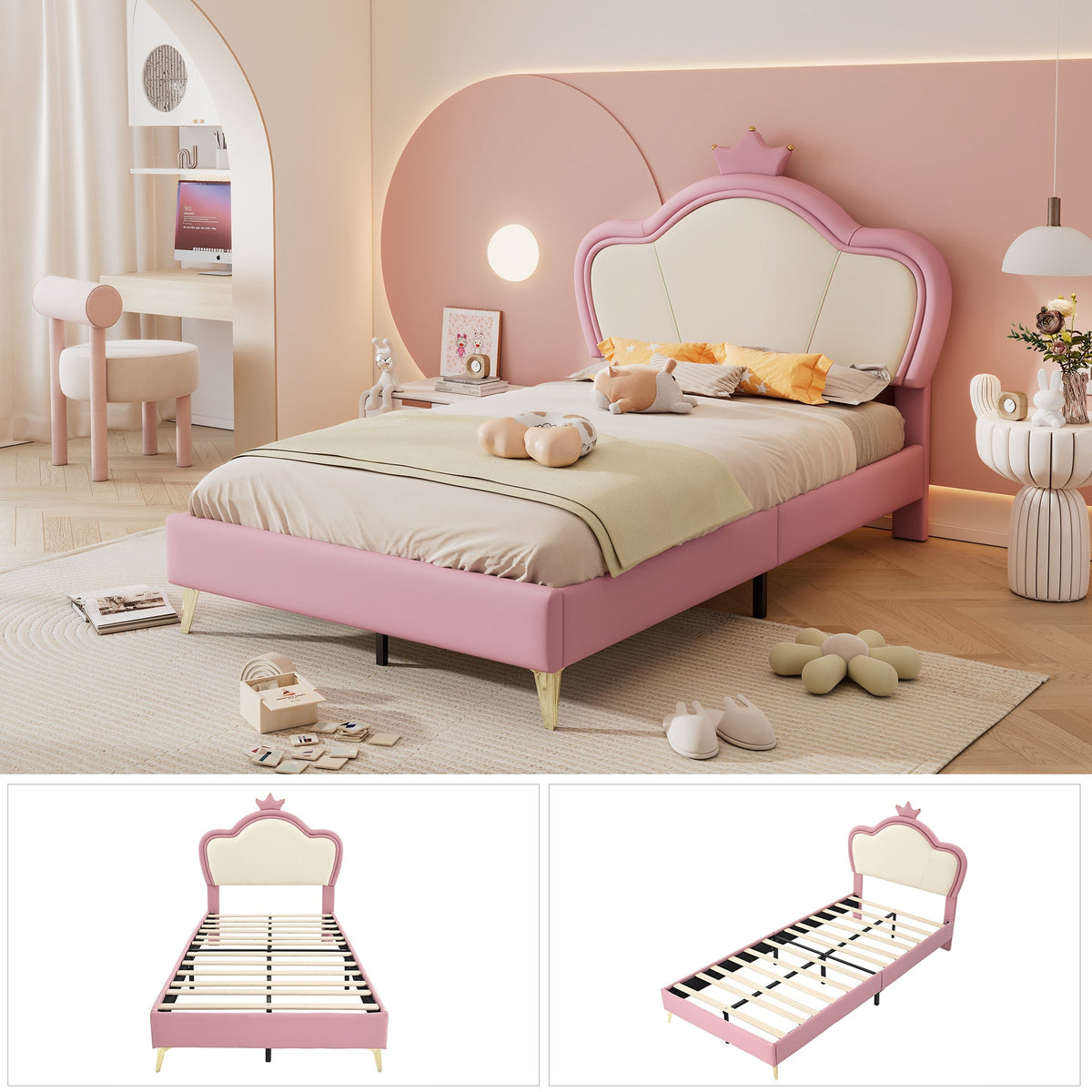 Upholstered Bed, Children's Single Bed with Crown Headboard & Metal Feet, PU Pink+White