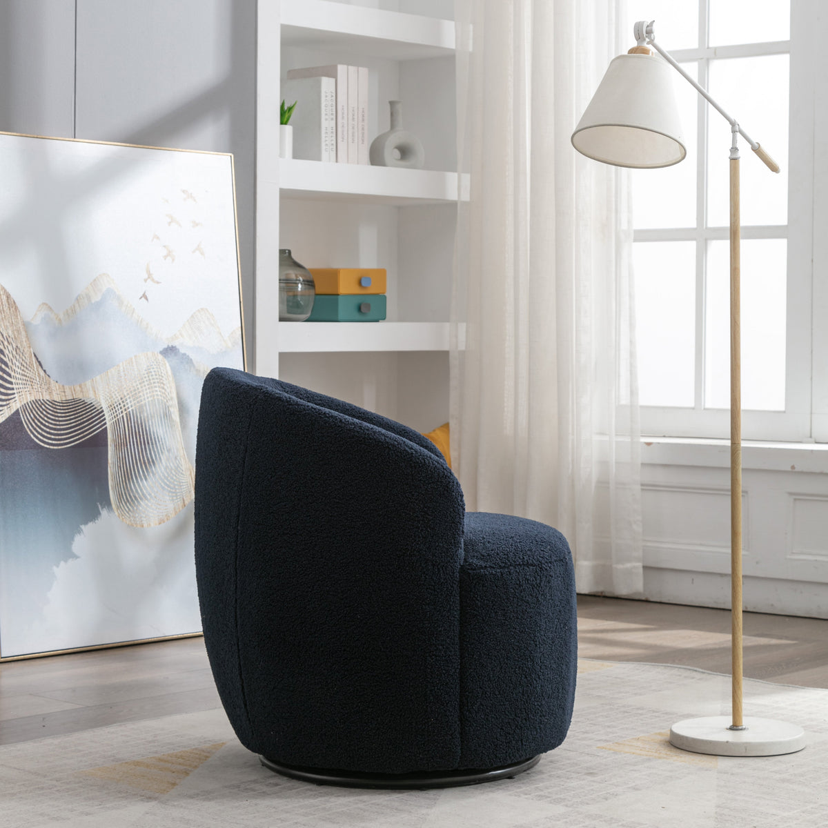Swivel Accent Chair, Teddy Fabric Barrel Chair, Blue