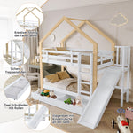 House Bunk Bed with Slide & 2 Drawers, 90x200cm, Solid Wood White