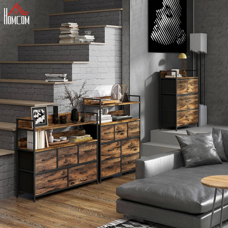 Chest of Drawers Sideboard, 4 Fabric Drawers, Industrial, Brown/Black