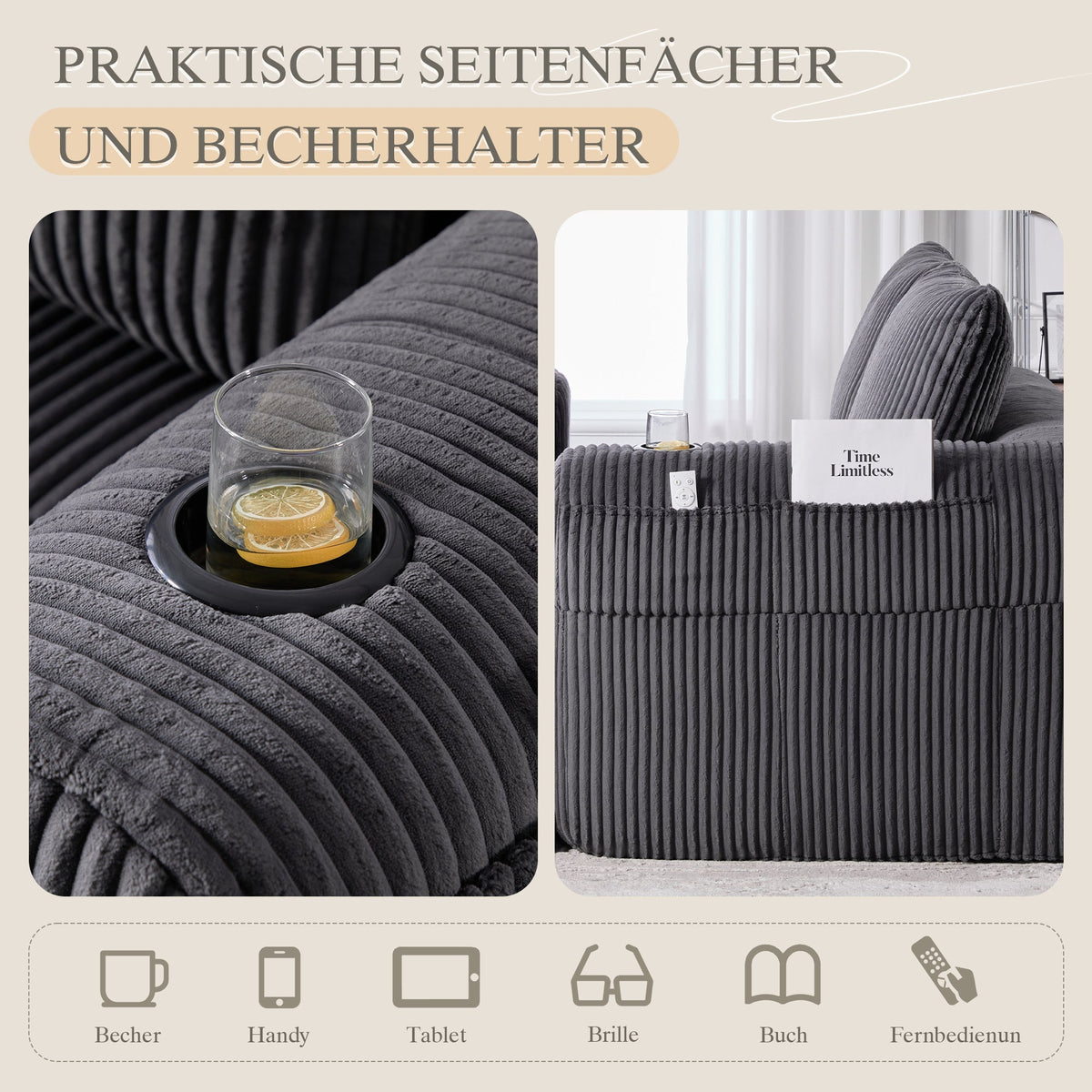 Two-Seater Sofa with Storage Pocket & Drink Holder - Corduroy