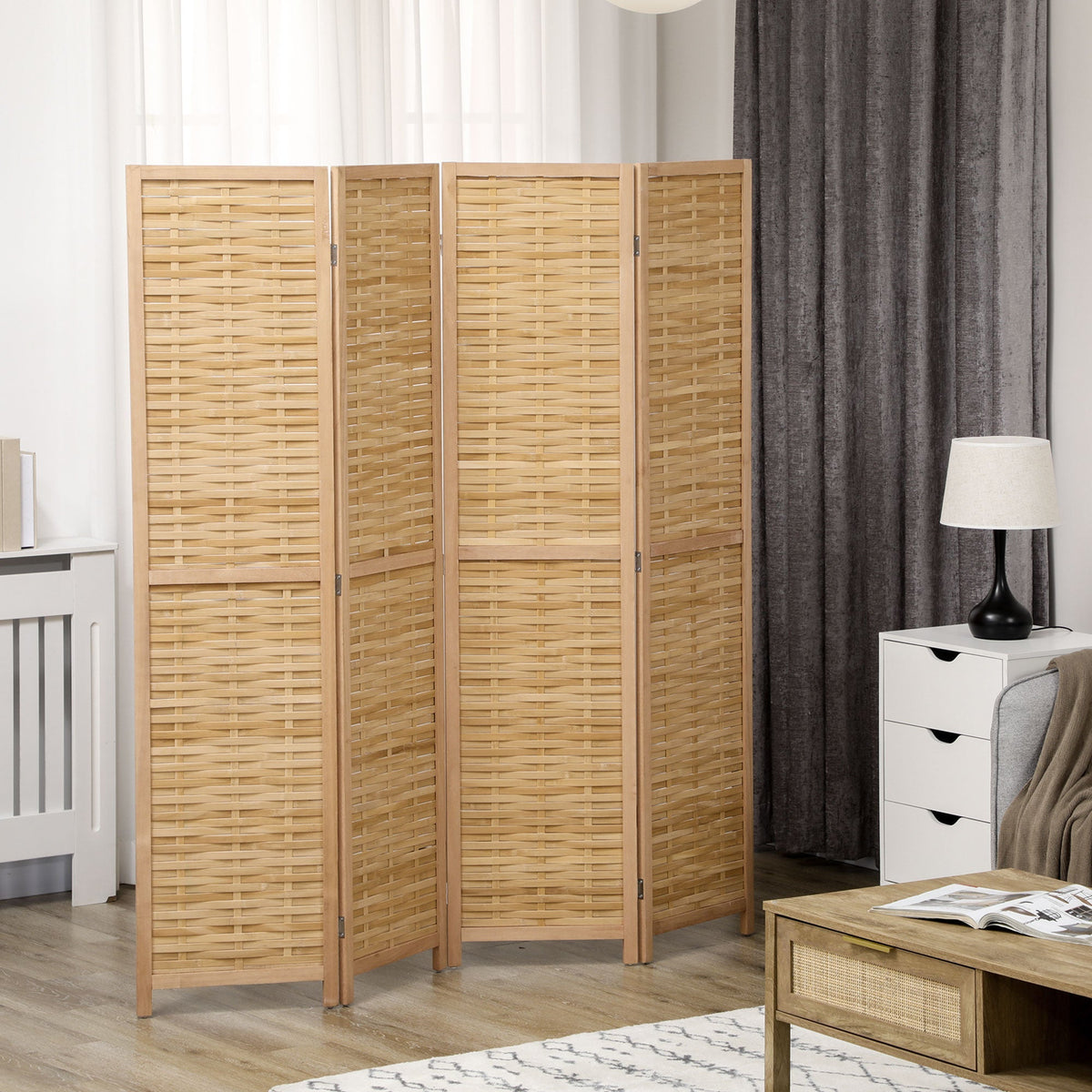 Folding Screen, 4-Panel Room Divider 160 x 170 cm, Bamboo Natural