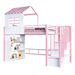 House Loft Bed 90x200cm with Storage Shelf & Stairs, Pink Iron