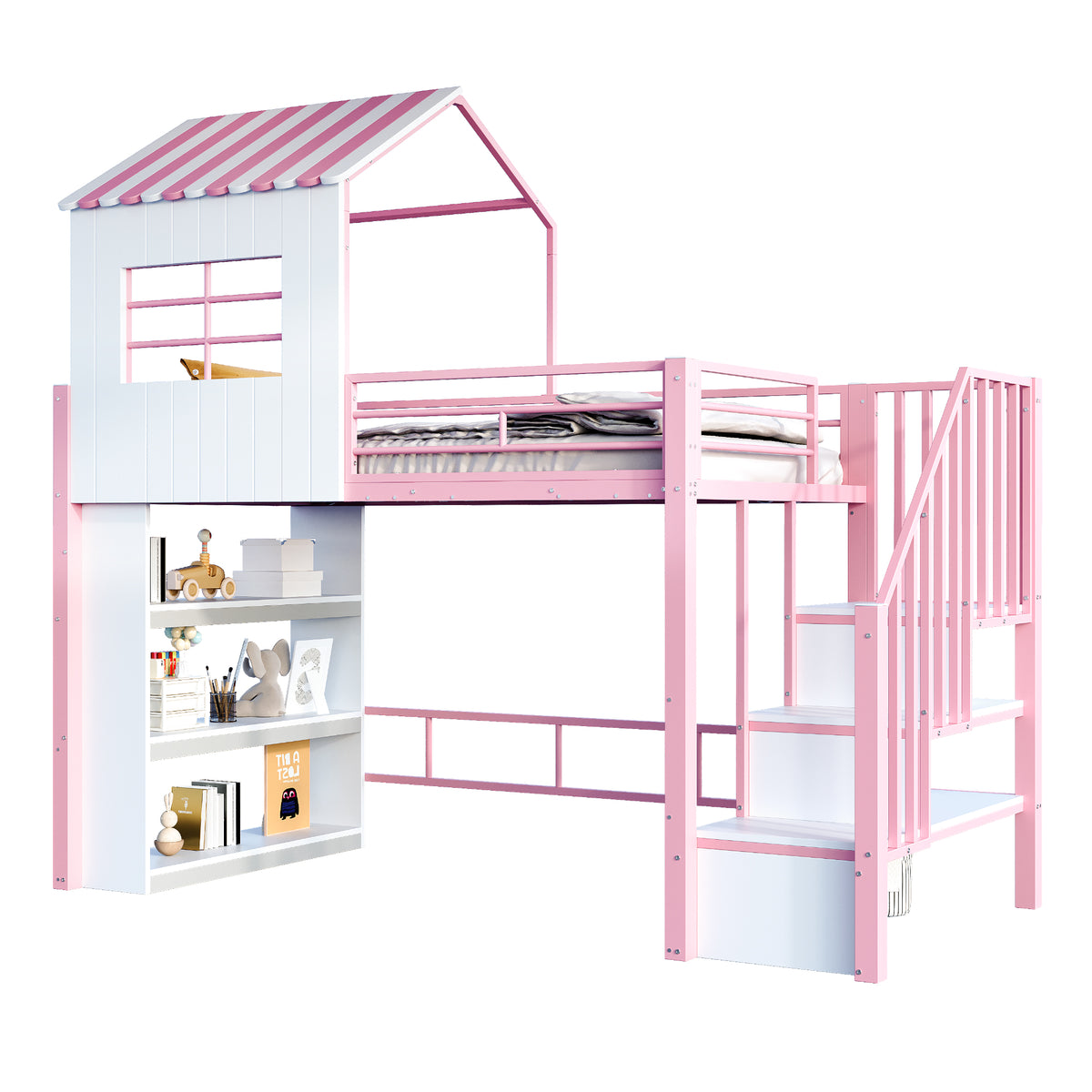 House Loft Bed 90x200cm with Storage Shelf & Stairs, Pink Iron