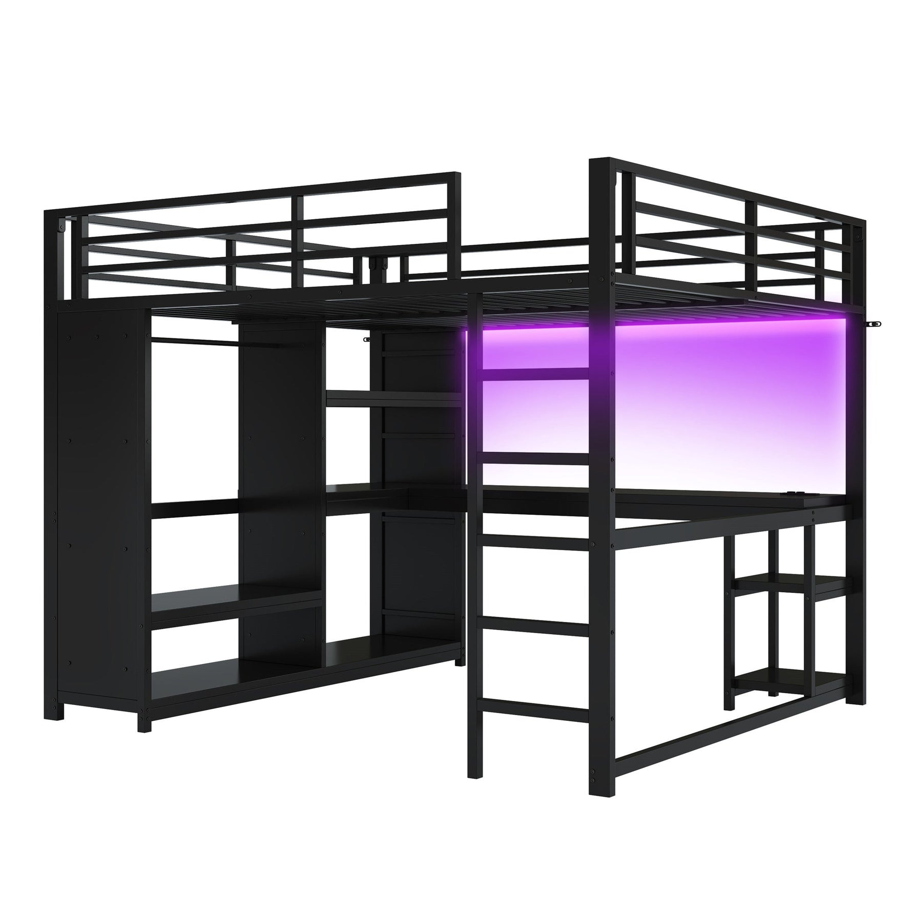 Loft Bed 160x200 Gaming Desk LED Storage Wardrobe - Black Metal