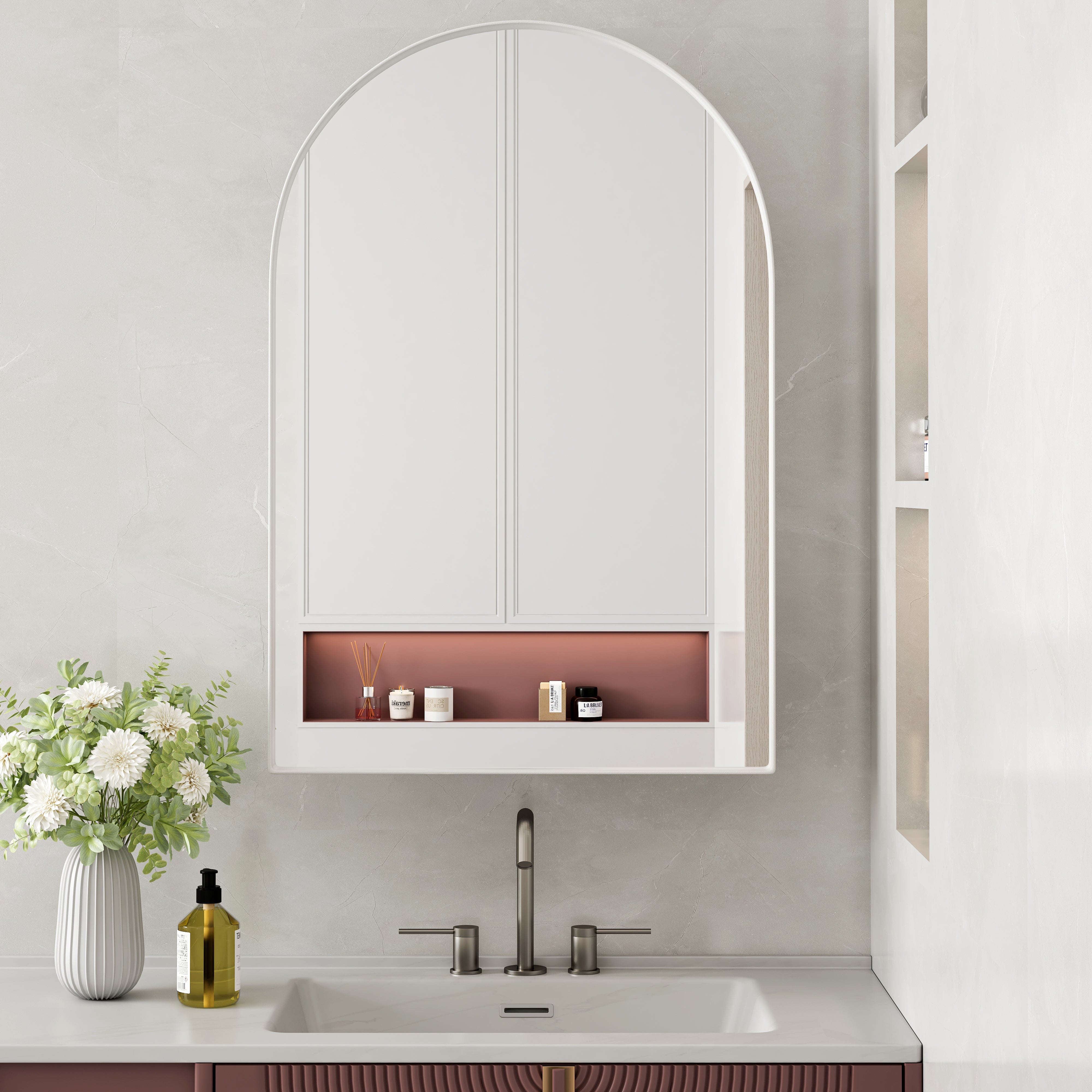 Arched Mirror Cabinet, Recessed/Wall Mount, Adjustable Shelves, White
