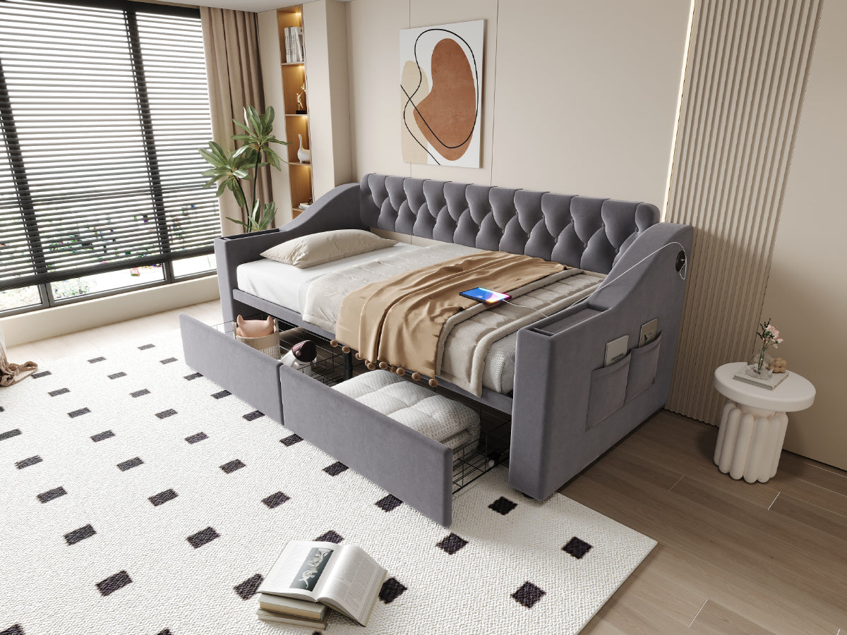 Upholstered Sofa Bed with USB Port and Storage Drawers, Dark Grey Velvet