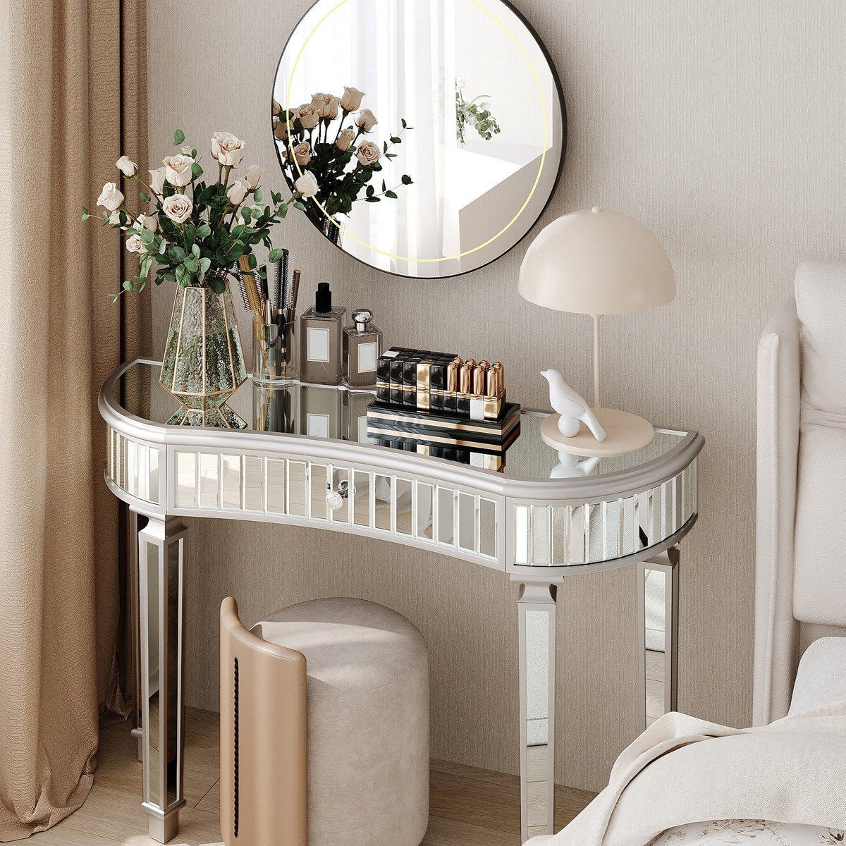 Half-Moon Mirrored Console Table with Fluted Glass and Crystal Knob Drawer, Grey and Silver