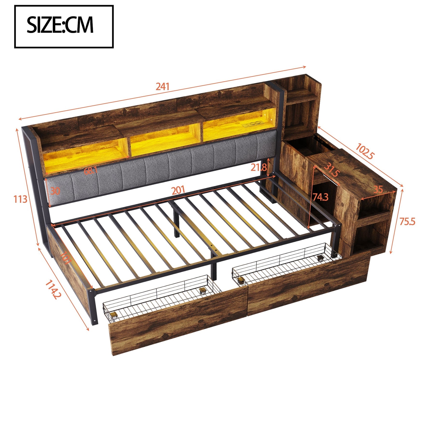 Single Bed with Movable Desk, Storage Drawers and Integrated Outlets, Metal