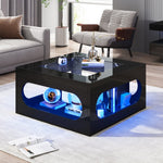 Coffee Table 70x70x35cm Square Hollowed-Out Tempered Glass LED High-Gloss Black MDF