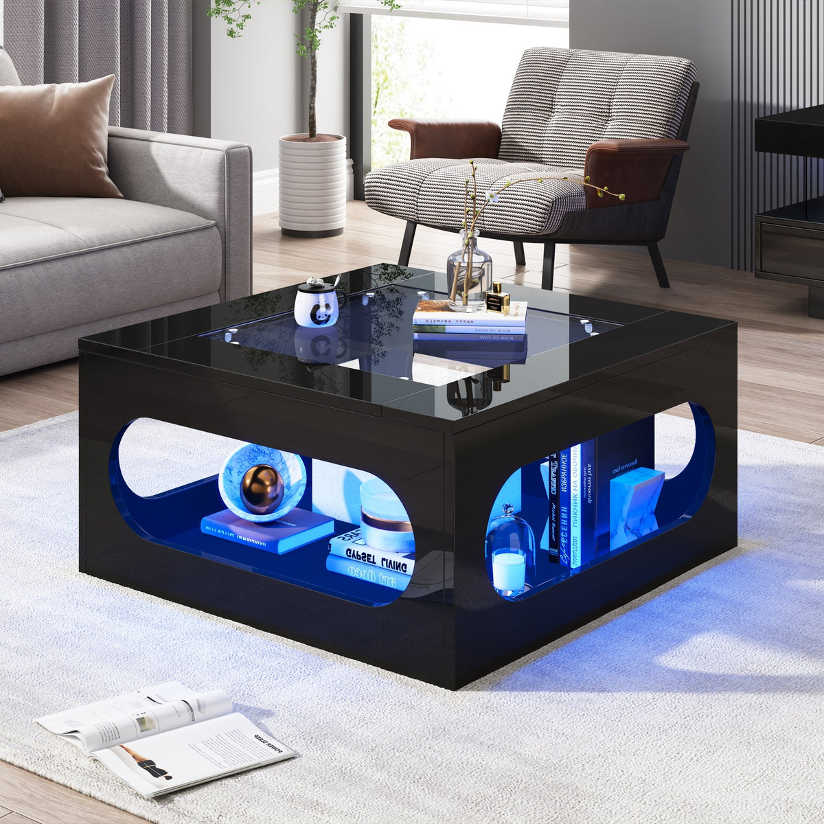 Coffee Table 70x70x35cm Square Hollowed-Out Tempered Glass LED High-Gloss Black MDF