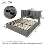 Upholstered Bed 160x200cm Hydraulic Storage with Hidden Cup Holder & Charging Station Linen Grey
