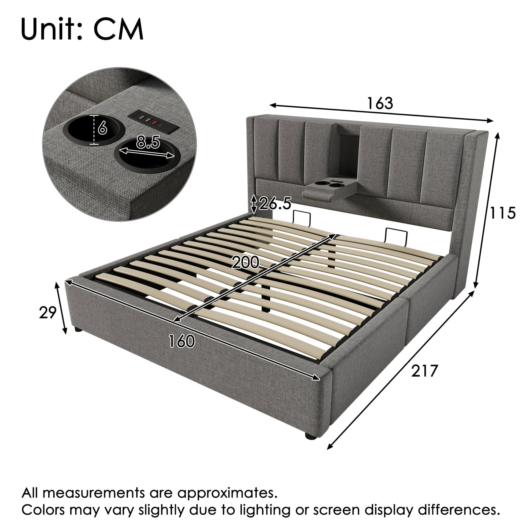 Upholstered Bed 160x200cm Hydraulic Storage with Hidden Cup Holder & Charging Station Linen Grey