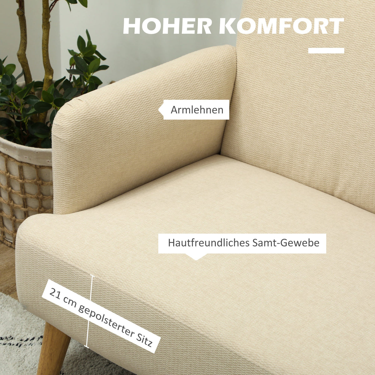 2-Seater Sofa, Upholstered Velvet Look with Wooden Legs, Cream White