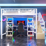Loft Bed with Desk, Storage Ladder, LED Lights and USB Port, White Metal and MDF